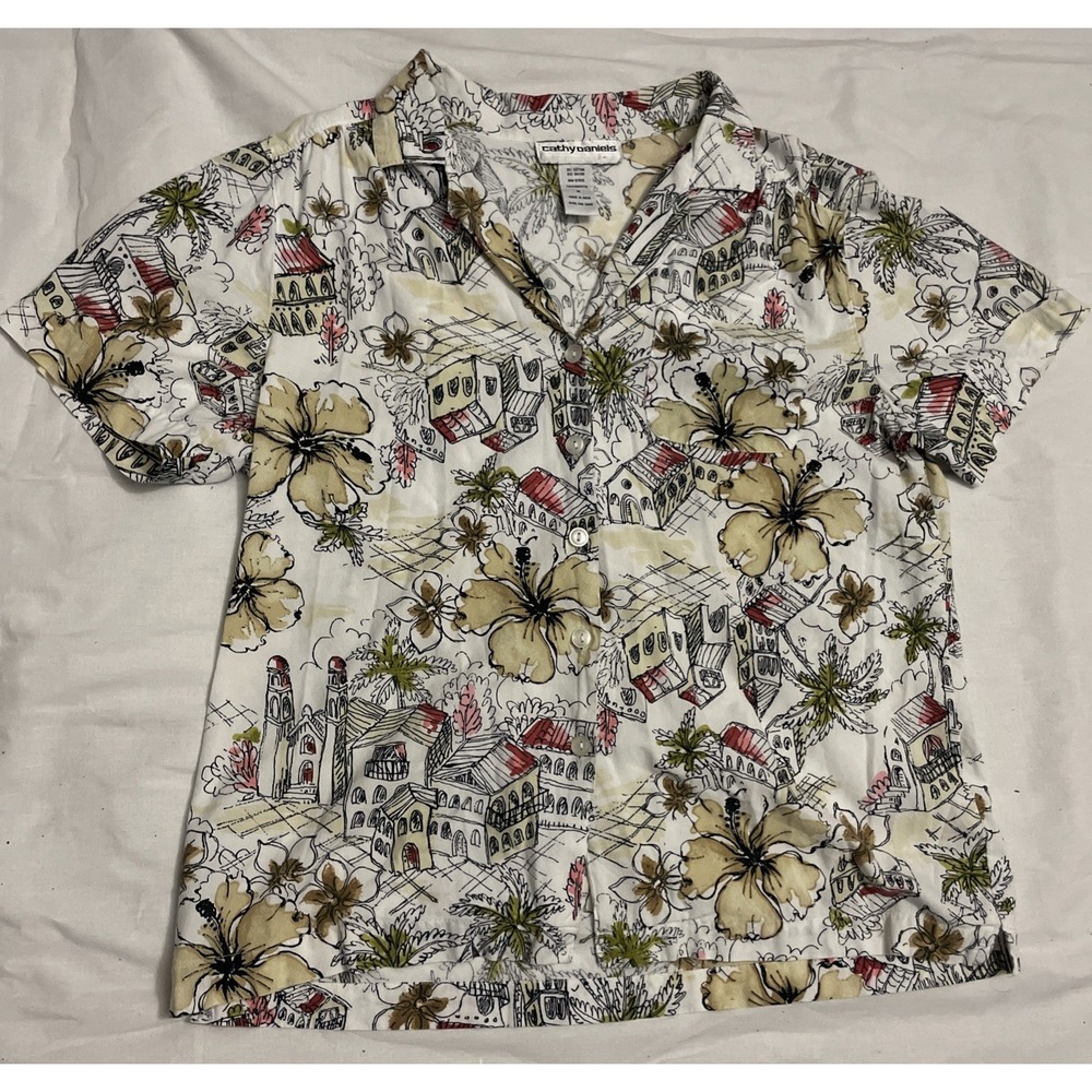 Cathy Daniels Women's M Floral V Neck Knit Top White Red Blk Stretch Poly Blend